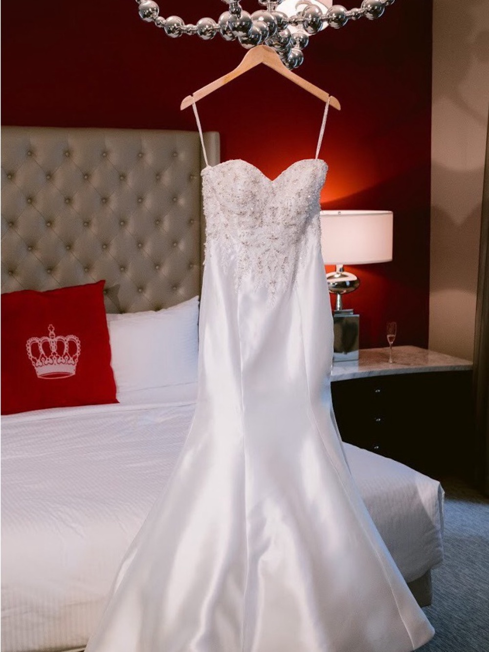 Maggie Sottero White Satin Strapless Beaded Mermaid Wedding Dress